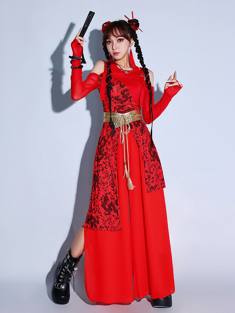 ダンスセット衣装 中華風 チャイナドレス チャイナ娘 ジャズダンス衣装 ダンス服 長袖 トップス+パンツ ベルト追加可 龍柄 キャバドレス イベント ダンス発表会 jazz ステージ舞台演出服 練習着 チーム衣装 団体服 チアガール クラブ 舞台衣装 赤 団服 かっこいい