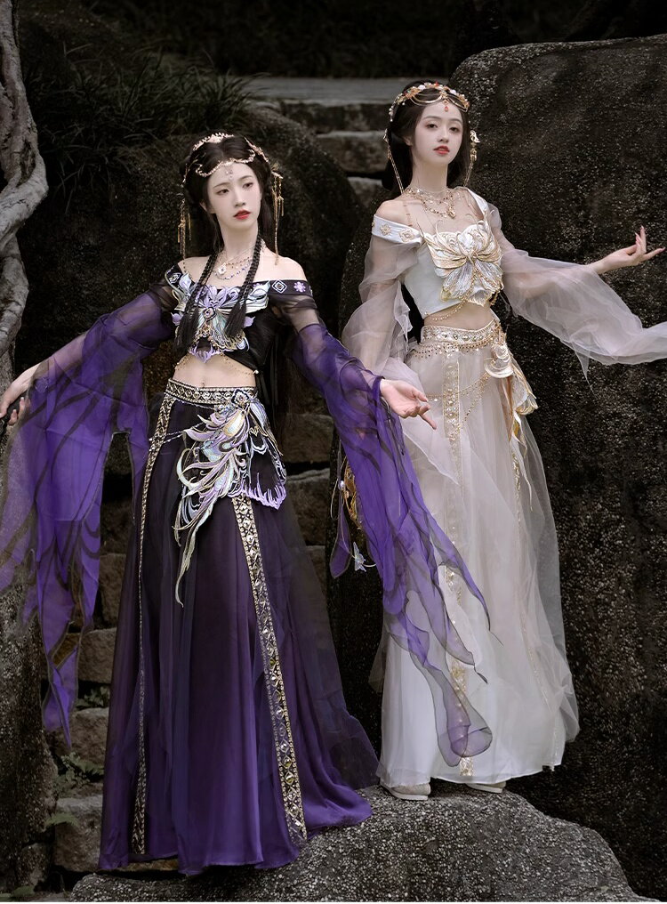 3点セット 蝶エルフ漢服 中華風 トップス チューブトップ スカート チャイナ風 チェストチェーン付き コスプレ へそ出し セクシー 古典ダンス 舞娘 異国姫 ...