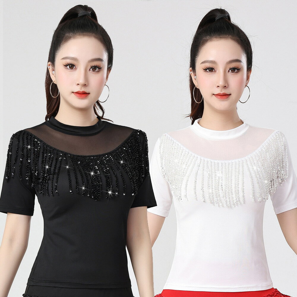 Rakuten - 社交ダンス レディース ダンストップス 半袖ブラウス ダンスウェア フリンジ付き スパンコール 透け感ネック ダンス練習着 ダンス稽古 ダンス競技 レッスン着 細見え 練習着 社交ダンス ラテンダンス モダンダンス 新体操 バレエダンス フラメンコ キラキラ 大きいサイズ 2色