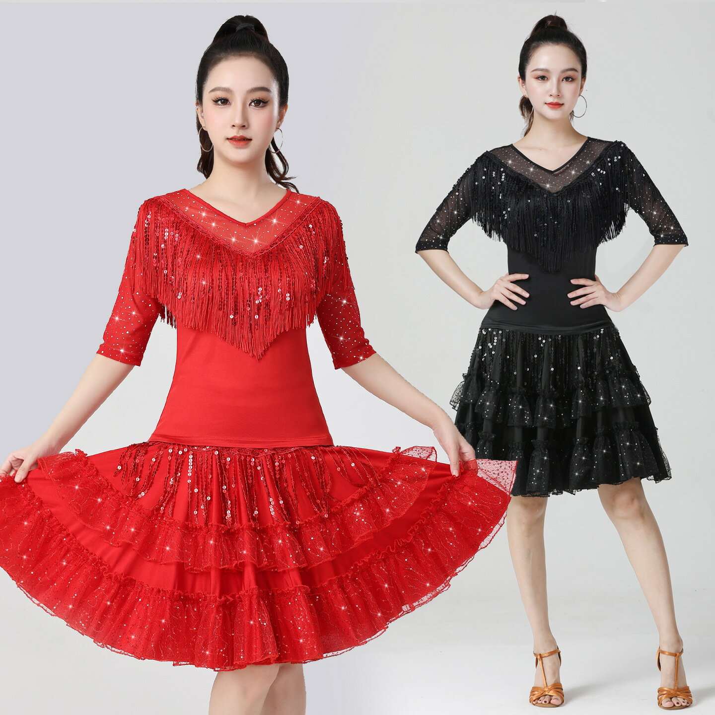 Rakuten - 上下セット 社交ダンス衣装 レディース ダンストップス+スカート フリンジ付き Vネック 五分袖ブラウス ダンスウェア 　 スパンコール 透け感ネック 練習着 ダンス稽古 ダンス競技 レッスン着 細見え 練習着 ラテン モダン 新体操 フラメンコ キラキラ 大きいサイズ 2色