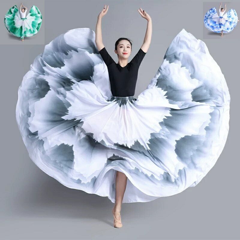 古典ダンスフレアスカート ウエストゴム シフォンステージ団体服 ダンススカート 山水柄 社交ダンス衣装ロングスカート タンゴ練習着 マキシ丈 モダンパーティー レッスン着 ダンスウエア広がる イベント舞台演出服 発表会コーラス 文化祭 大人 レディース 180度/540度/720度