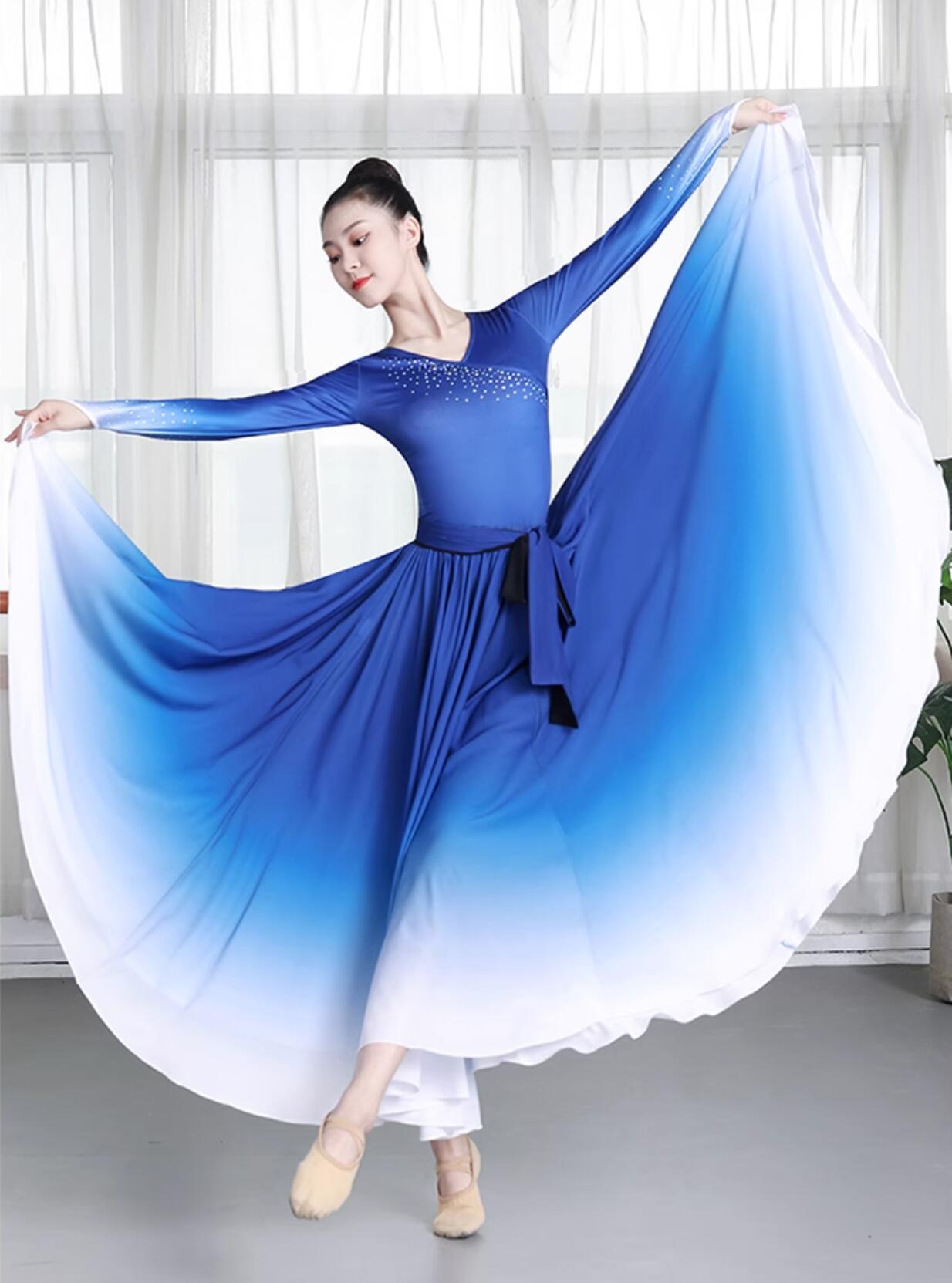 青x白 グラデーション フレアスカート レディース ダンス衣装 540° 720°展開 長袖 VネックTシャツ 追加可 モダンダンス バレエ 社交ダンス ダンスウェア ロング丈 レッスン着 古典舞踊 ダンス 民族ダンス 練習着 古典ダンス 演出服 ラインストーン付き 飄逸 ボリューム