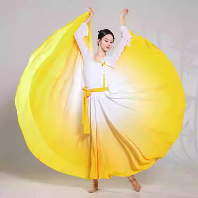 Rakuten - 黄白系 グラデーション ダンススカート フレアスカート トップス フレア袖 スリット入り袖 ロングスカート 広がる 大きい裾 ベリーダンス モダンダンス フラメンコ 社交ダンス 練習着 レッスン着 裾幅 720° レディース 舞台衣装 中華古典ダンス衣装 女性 大人 民族ダンス