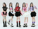 可愛い 女の子 ジャズステージ衣装ダンス衣装 半袖トップス ハートプリント 袖カバー付き 立襟 へそ出し トップス スカートセットアップ 個性的 show ja...