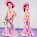 ピンク上下セット 子供ダンス衣装 トップス チェック柄パンツ フリル レトロ パンタロン ベルボトム ラップパンツ 女の子 舞台服 ダンス衣装 キッズ 学園祭 ステージ チアダンス 普段着 チアダンス パフォーマンス 舞台衣装 イベント ジャズダンス イベント ノスタルジック