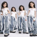ヒップポップ服 女の子 ジャズダンス服 子供服 長袖トップス フリル袖 レーストップス パンツ ジーンズ 不規則な裾 発表会 演出服 コスチューム キッズ ダンス服 団体服 発表会 チアガール キラキラ 普段着 イベント ステージ衣装 ストリートダンス 舞台衣装 ジュニア
