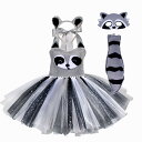 4点セット 女の子 子供用ワンピース 動物アライグマ風 お話会ワンピース+髪飾り+尻尾+マスク ドレス キッズダンス服 子ども 動物擬人化スタイル コスプレ コ...