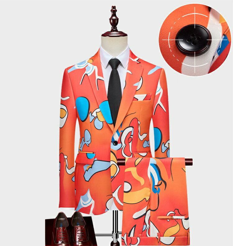 2点セット プリントスーツ メンズスーツ ジャケット+パンツ 舞台ジャケット 1ボタン 長袖 オシャレ ダンサー ハロウィン衣装 礼服 クラブ コスチューム ダンス衣装 フォーマルウェア ステージ服 余興 司会者忘年会 演出服 パーティー DJ 大きいサイズ M-6XL カジュアル