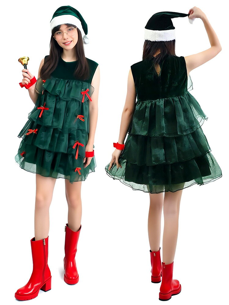 4点セット クリスマスグリーン コスプレ衣装 ワンピース ノースリーブ 帽子付きレディース 大人用 ドレ..
