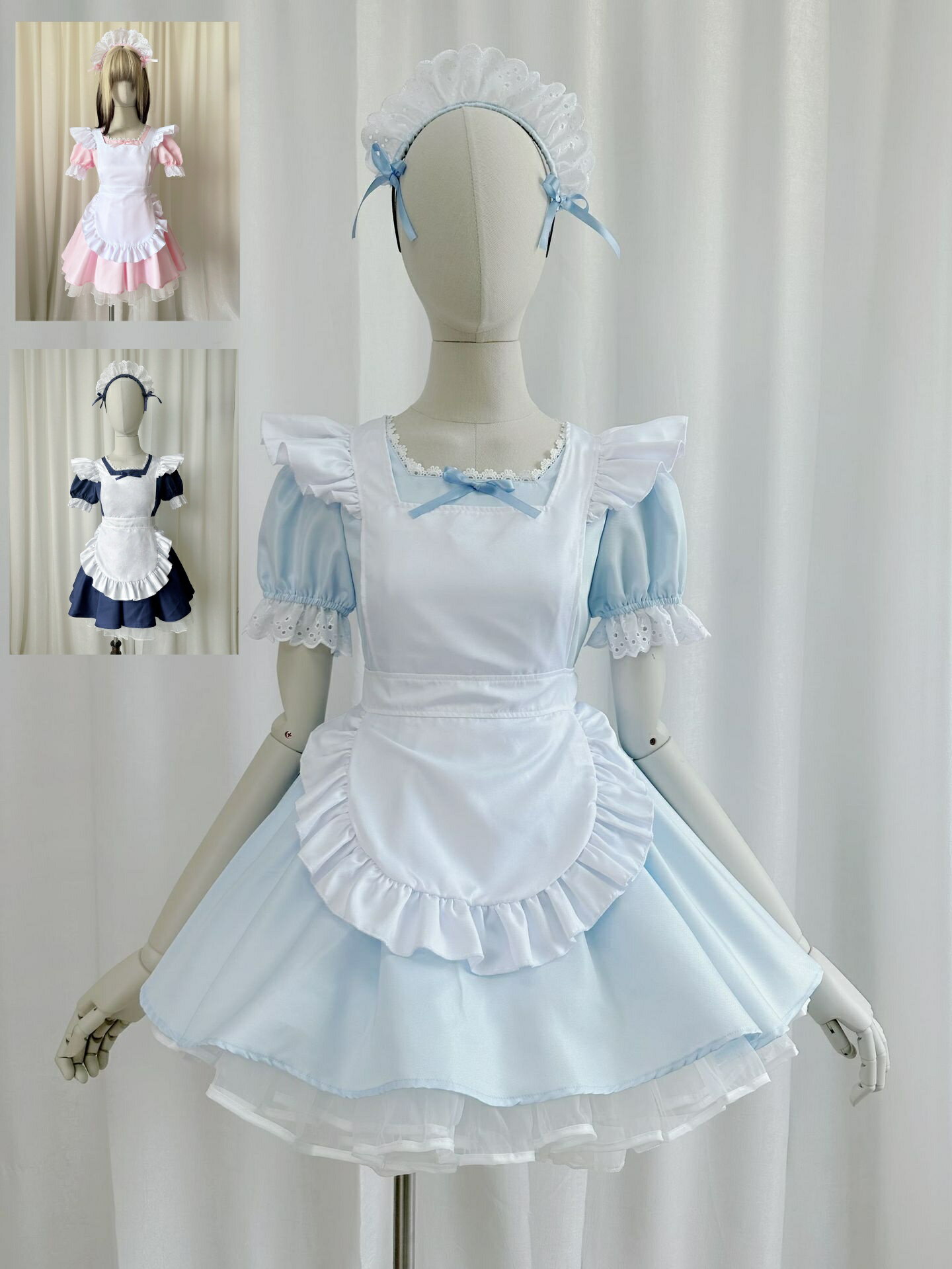 3点セット 可愛いメイド服 ワンピース エプロン付き カチューシャ 半袖 フリル ショート丈 コスチュー..