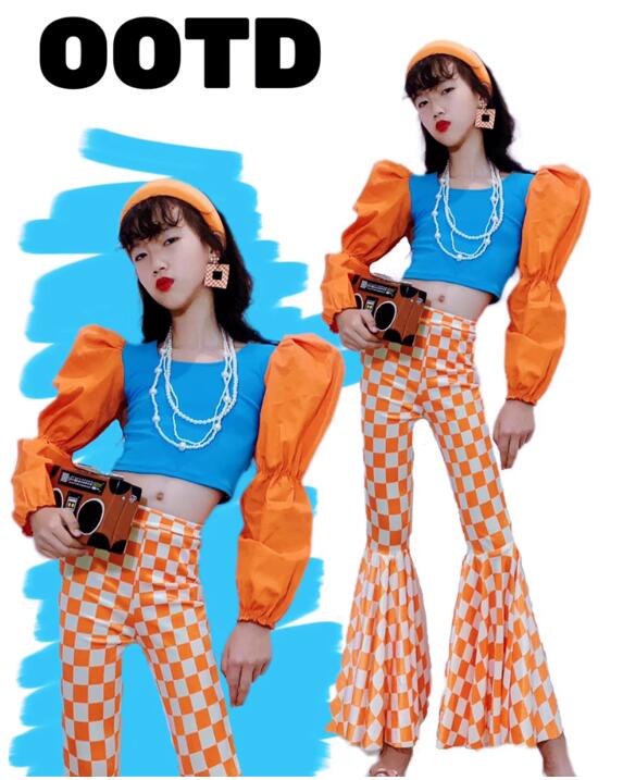 キッズ舞台衣装 女の子 ダンス衣装 チェック柄 復古 ヒップポップ ジャズダンス 長袖トップス パンツ ..