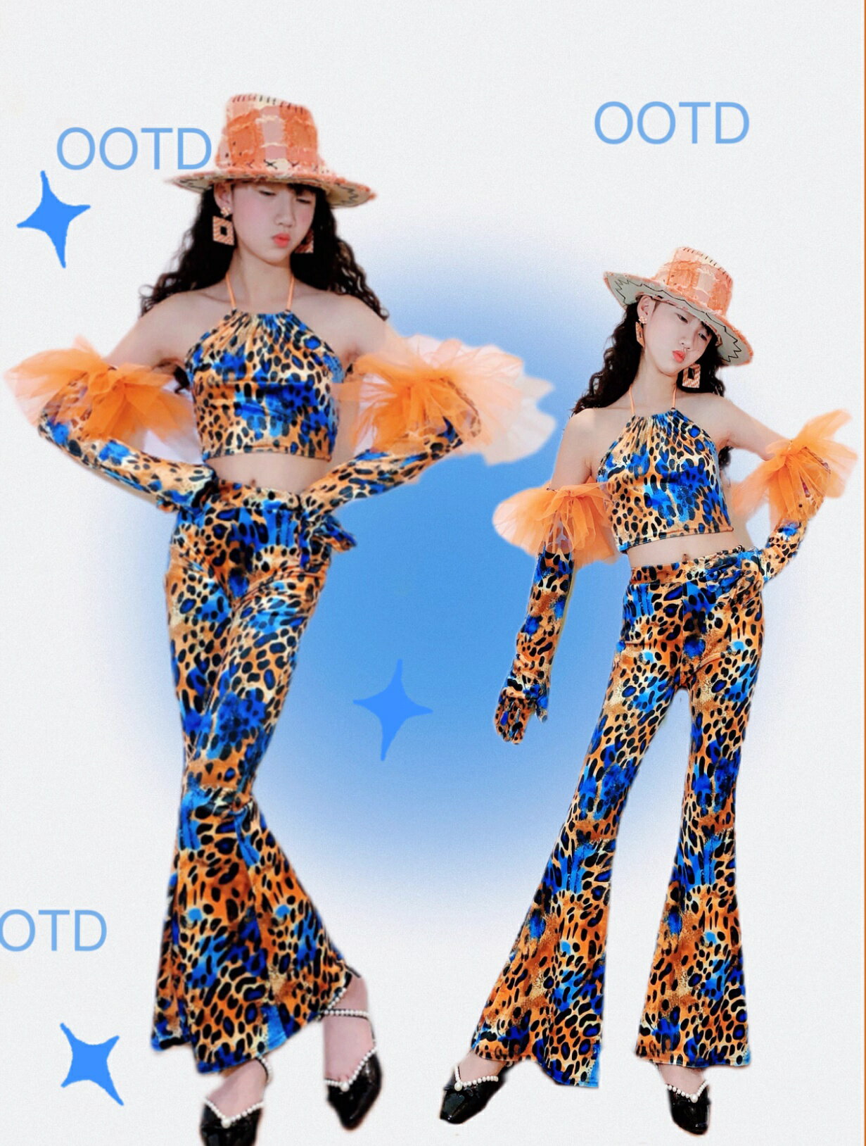 2点上下セット キッズダンス衣装 女の子 キャミソール フレアパンツ へそ出し 舞台衣装 レトロ 復古風 ..