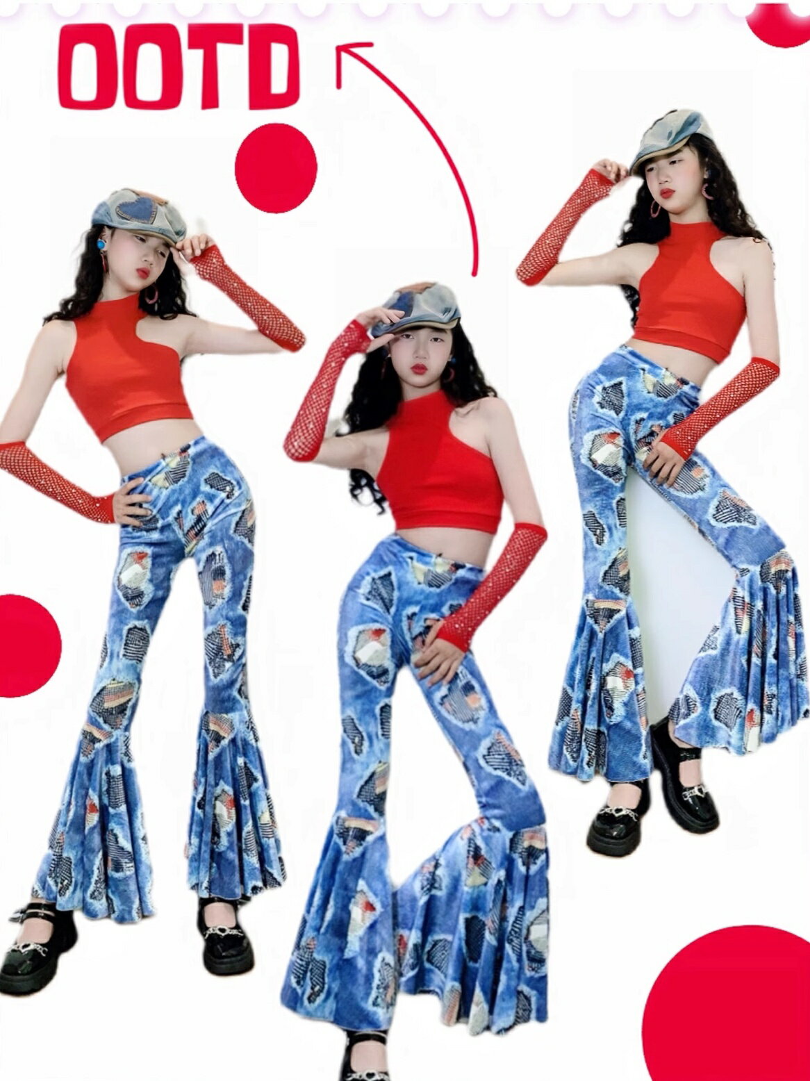 キッズ 復古風 プリントパンツ ダンス衣装 フレアパンツ 女の子 レトロ ハイネック トップス ヒップポ..