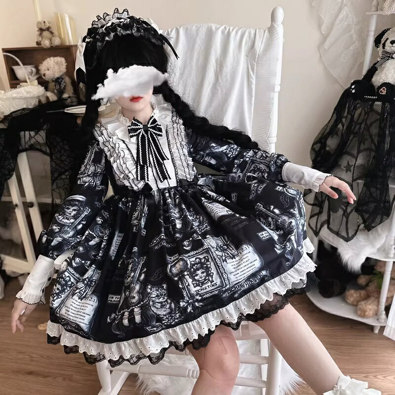 June Stage楽天市場店のロリータ ワンピース ゴシック風 長袖 膝丈 プリント フリル レース レディース ジュニア 黒白系 魔女風 doll 人形風 コスプレ衣装 プレゼント プリンセス 原宿系 ギャル 暗闇風 恐怖風 リボン ドレス ハロウィン コスチューム 写真撮り 舞台衣装 演出服 普段着 贈り物 洋服｜アングル2