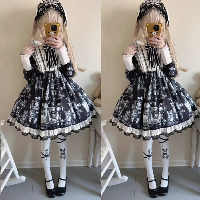 June Stage楽天市場店のロリータ ワンピース ゴシック風 長袖 膝丈 プリント フリル レース レディース ジュニア 黒白系 魔女風 doll 人形風 コスプレ衣装 プレゼント プリンセス 原宿系 ギャル 暗闇風 恐怖風 リボン ドレス ハロウィン コスチューム 写真撮り 舞台衣装 演出服 普段着 贈り物 洋服｜アングル3