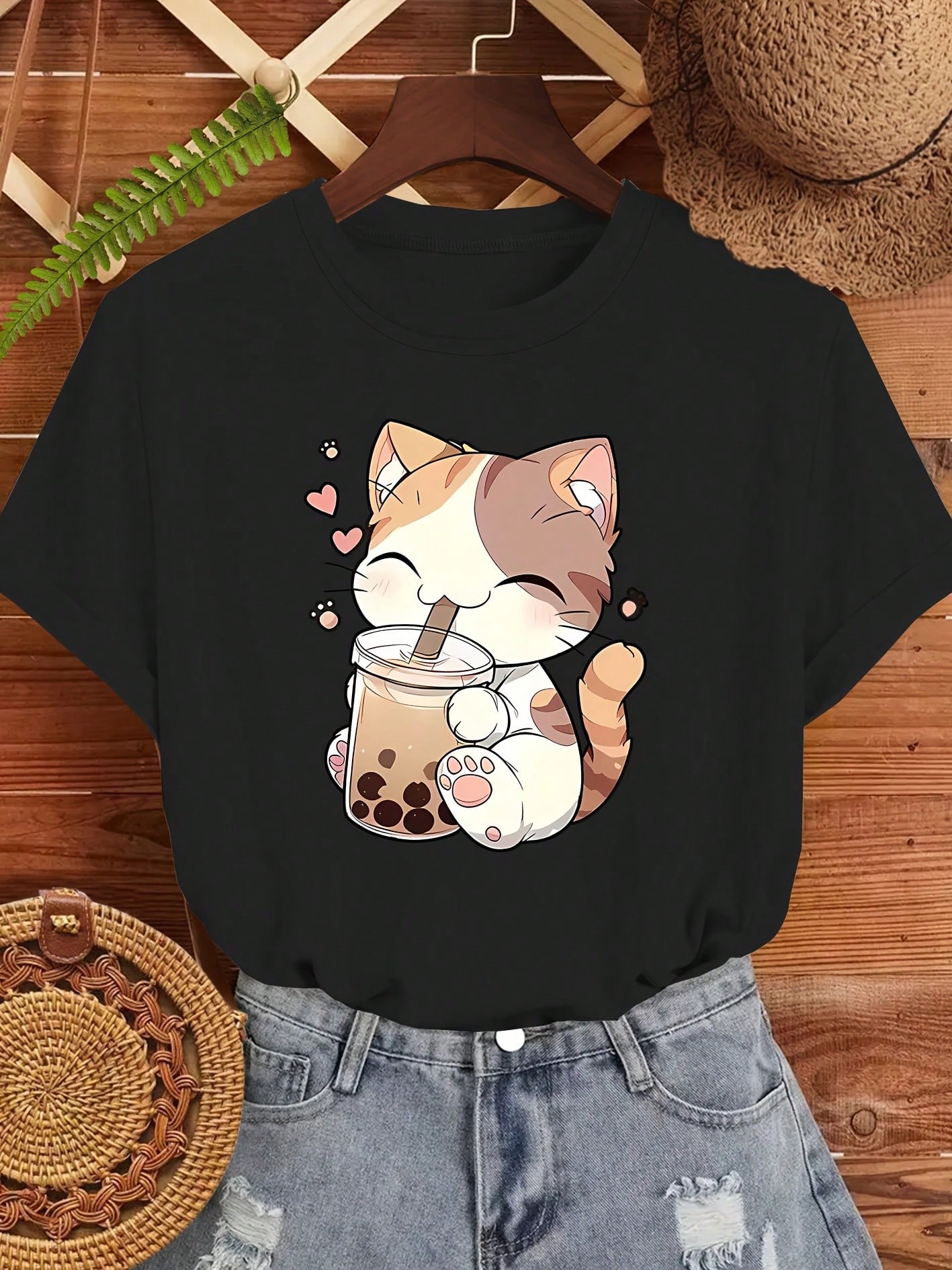 Rakuten - 猫 タピオカ T シャツ レディース 半袖 綿 100% 200g クルーネック ホワイト ブラック 白 黒 可愛い 猫柄 タピオカ プリント カジュアル 夏 大きいサイズ S M L XL XXL 3L プレゼント 送料無料