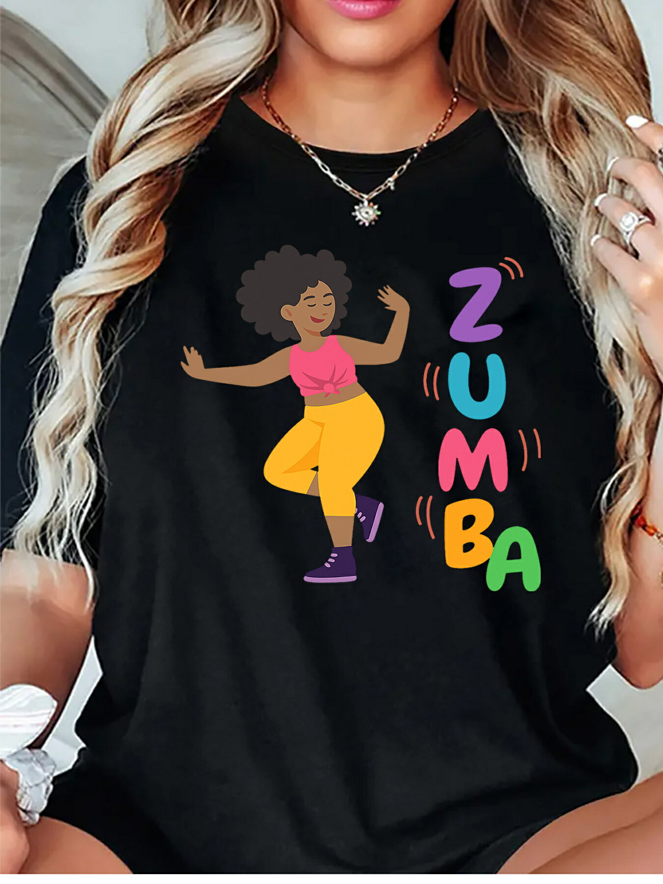 Rakuten - ユニセックス ダンシングプリント 半袖Tシャツ - 柔らかく通気性の良いラウンドネック 夏用カジュアルティー バケーション、パーティー、カジュアルウェアに最適 - かわいいマッチングアウトフィット（洗濯機対応）