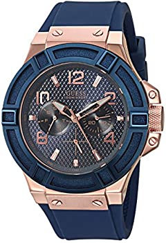 yÁzQX GUESS Blue and Rose Gold-Tone Rigor Standout Casual Sport Watch [sAi]