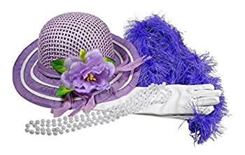 yÁz(gpEJi)Girls Tea Party Dress Up Play Set with Purple Sun Hat Boa Faux Pearl Necklace and Gloves Kaylee