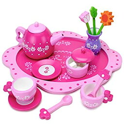 【中古】Imagination Generation Pink Blossoms Tea Time Set for Two - Wood Eats Tea Party Playset with Tea Cups Kettles Saucers Spoons Flowers &
