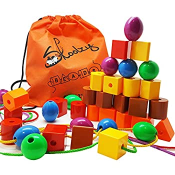 yÁzPrimary Stringing Bead Set with 36 Jumbo Sized Lacing Beads for Babies and Toddlers with 4 Strings & Tote - Montessori Toys for Fine Mo