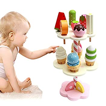 【中古】(未使用・未開封品)Ruier-tong 子供 ままごと 11点セット アイスクリーム キャンディー 2段 ケーキスタンド様式 おもちゃセット 女の子向き 親子遊び 木製 子供 お