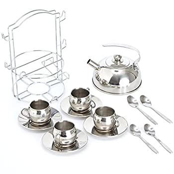 【中古】(非常に良い)Timy Toy Tea Set 14pcs Stainless Steel Teapot Pretend Play Toy for Kids with Carrying Caddy Saucers Spoons