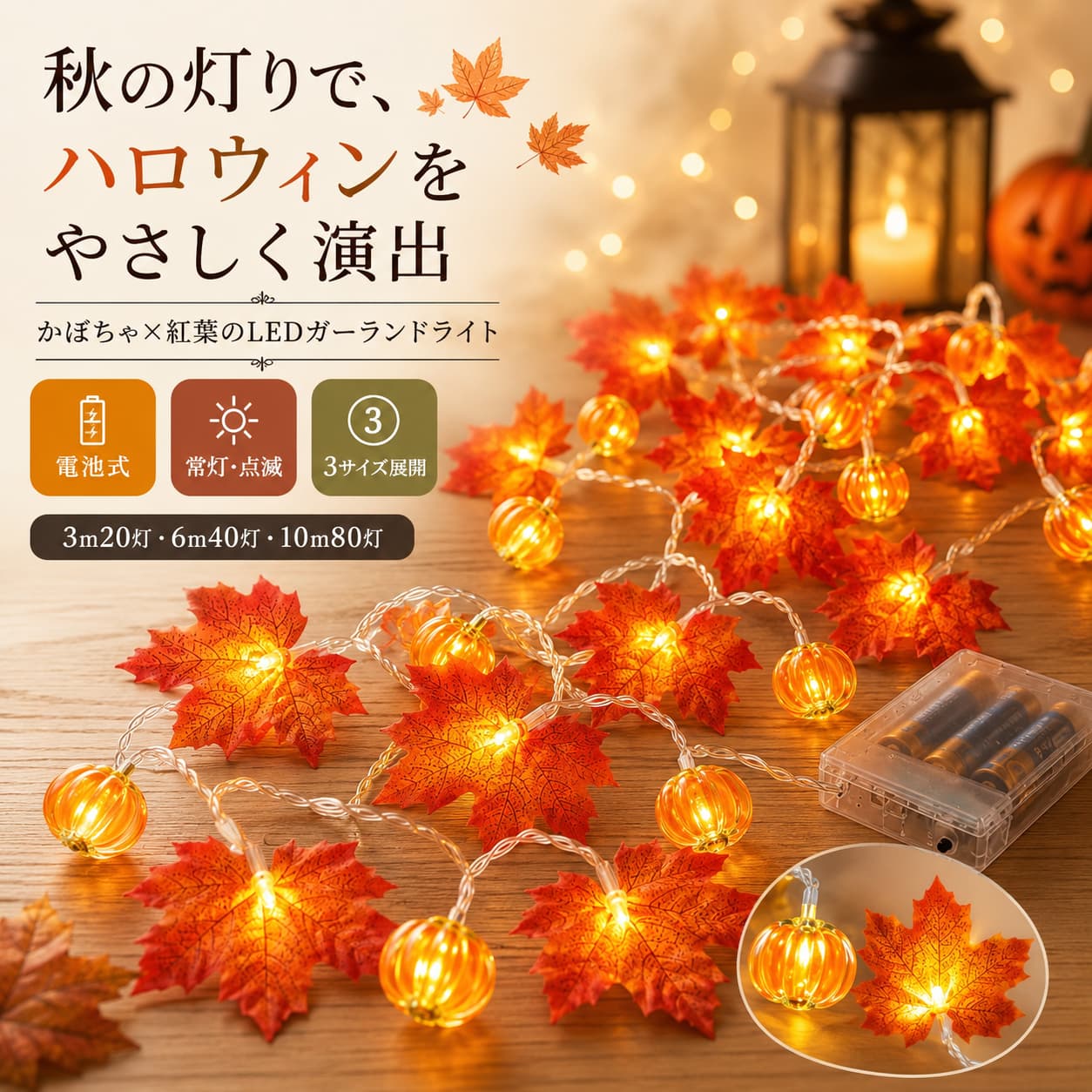 【お買い物マラソン限定|当店12%OFF】ハロウィン LEDガーランドライト ミニかぼちゃ 紅葉 電池式 常灯 点滅 3m20球 6m40球 10m80球 約3000K IP44 室内 玄関 軒下 庭先 秋 飾り付け
