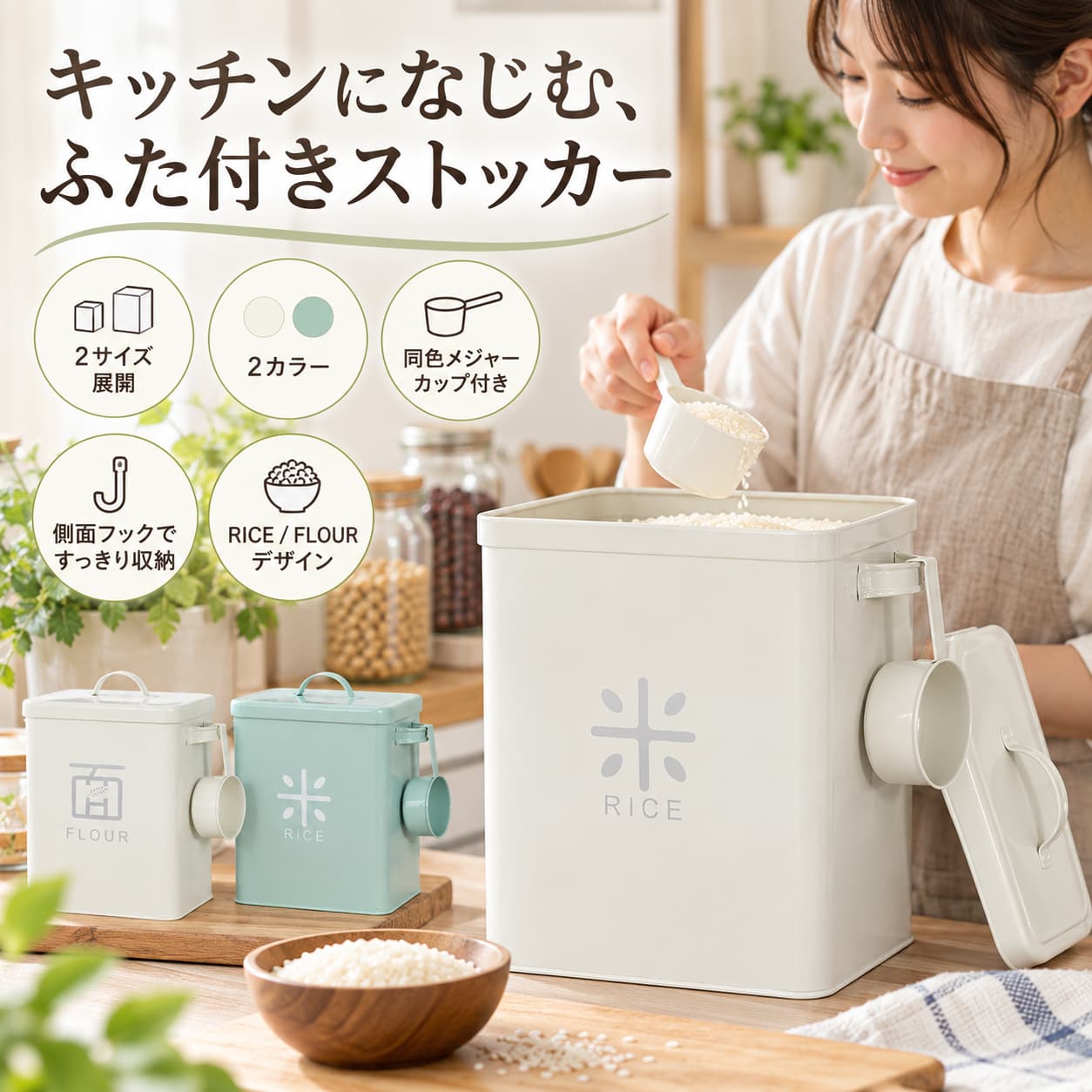 【1週間限定★商品 12％OFFクーポン】米櫃 こめびつ 米びつ ライスストッカー 5kg 10kg ライス ストッカー お米 米 収納 おこめ こめ おしゃれ 精米 ライスボックス 保存ケース 洗える 軽量キッチン収納 かわいい 保存 グリーン ホワイト