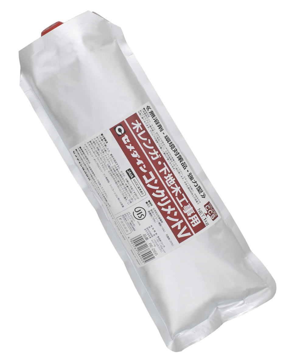 【品番】RE-266 【主成分】変成シリコーン樹脂系 【用途】 ●木レンガ、発泡スチロール等内装工事 ●下地木工事・床束用 【特長】 ●耐久性に優れアスベストを含まない住宅環境対策品 ●容器を丸めて捨てられるアルミパック ●強力型 ●発泡スチロールを溶かさない ●高弾性 ●無溶剤タイプ ●色調：灰色ペースト状 ●張り合わせ時間：夏10分、冬30分 ●標準塗布量 鋼製束30g/本　プラ束50g/本　300〜400g/m平方メートル