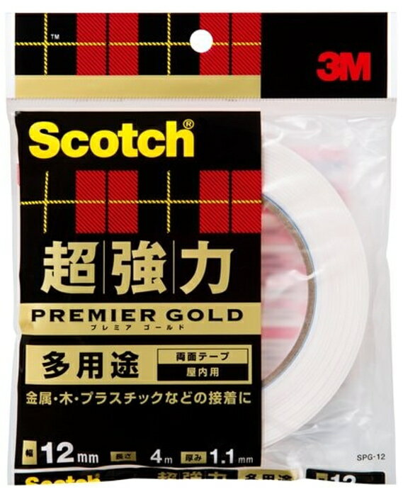 【品番】SPG-12 【サイズ】幅12mm×長さ4m×厚み1.1m 【特長】 ●強靭なアクリルフォーム基材に、特殊アクリル系粘着剤を塗布した超強力両面テープです。 ●素材の変形や縮にもよくなじみ、振動する場所でも高い接着力を発揮します。 ●金属・木・プラスチックなどの接着に、多用途に使えます。 ●JIS規格＜Z1541＞1種レベル（構造用接合部）を有しています。 ●テープ色：白 ●屋内用 【接着できる素材】 金属（鉄・アルミ・ステンレス）、硬質塩化ビニール、ガラス、内装タイル、硬質ゴム、ポリエチレン・ポリプロピレン・木 【接着出来ない素材と場所】 軟質塩化ビニール、軟質ゴム、シリコーン・フッ素樹脂加工面、塗装がはがれやすい面、凹凸面（壁紙・ベニア板）、球体、凹凸の激しい面（コンクリート・ブロックなど）、ザラザラした面（砂壁・すりガラスなど）浴室など湿気の多い場所、常に浸水している場所 【荷重目安】 ステンどうし　6.4N(660g)　ポリプロピレンどうし　6.4N(660g)　※テープ長さ2mでの目安地値。保証値ではありません。 【接着後の使用温度】 -20℃〜90℃