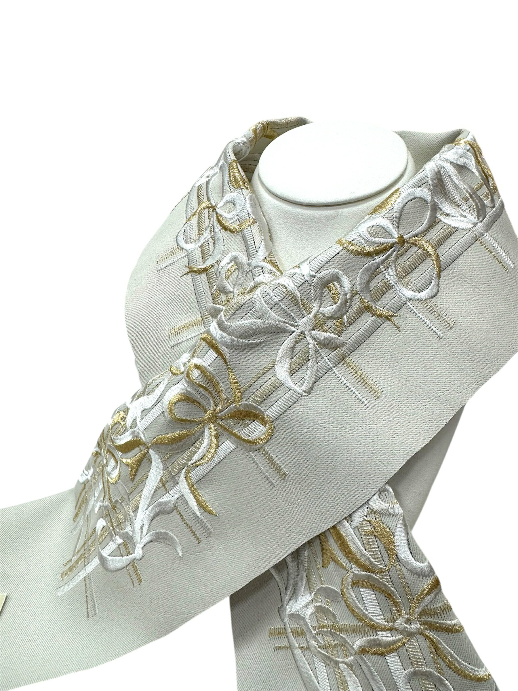 半衿 刺繍衿 振袖 リボン くすみカラー 金 白 おしゃれ