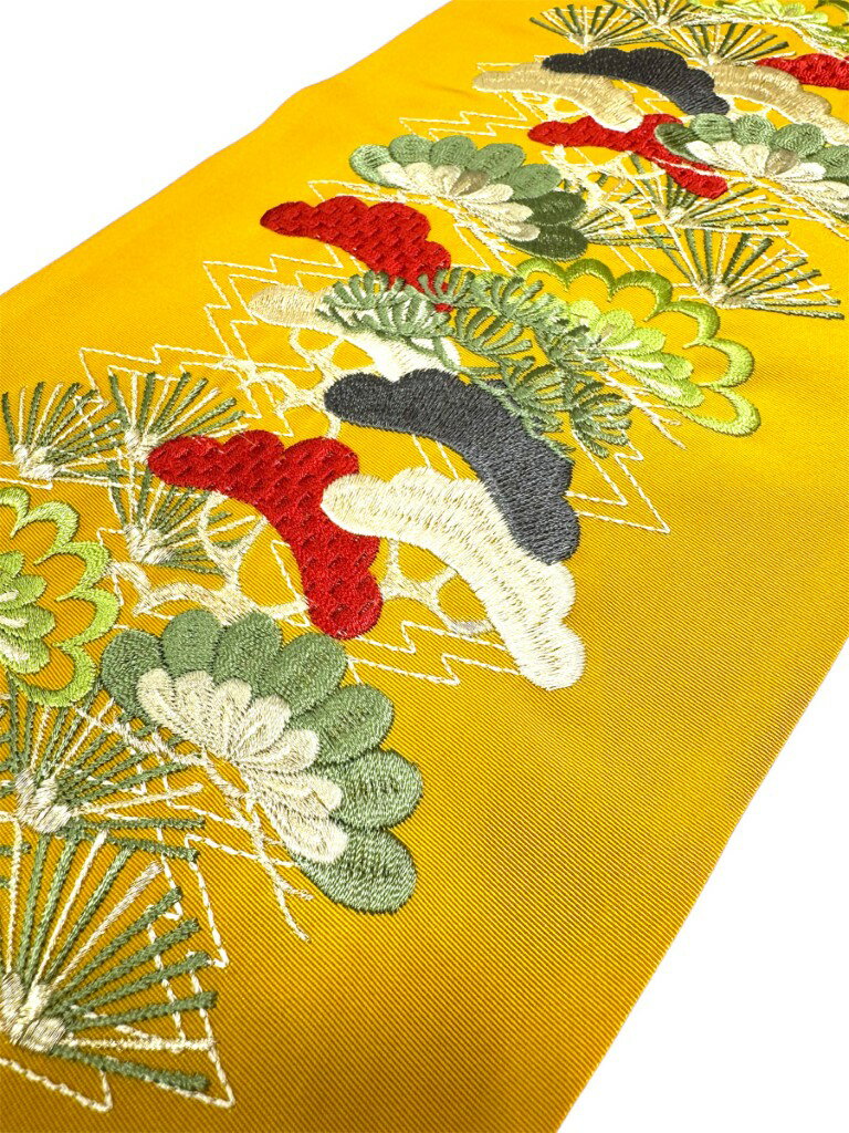 半衿 刺繍衿 振袖 松 古典 カラシ 赤 緑