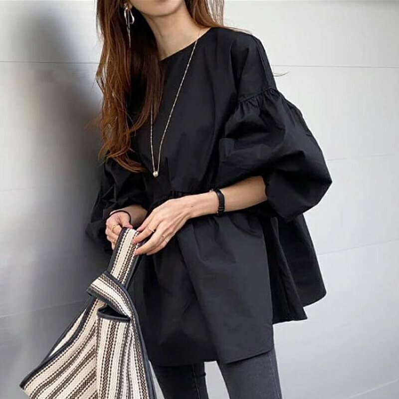 レディース トップス ブラウス バルーン袖 ボリューム袖 長袖 クルーネック 丸首 カジュアル シンプル 大人女子 30代ファッション 30代コーデ 体型カバー ブラック 黒 ホワイト 白のサムネイル