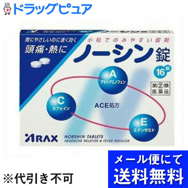 内容量：16粒剤型：錠剤■製品特徴・ノーシン錠はACE処方の3つの有効成分(アセトアミノフェン、エテンザミド、カフェイン)が協力的に作用して、頭痛やいろいろな痛み・発熱に速く効き、すぐれた効果を発揮するようにつくられた鎮痛解熱薬です。・小粒でのみやすい錠剤です。・胃を荒らす成分や、眠気を催す成分、また、習慣性のある成分も使用しておりません。【効能 効果】頭痛、歯痛、月経痛(生理痛)、神経痛、関節痛、腰痛、肩こり痛、咽喉痛、耳痛、抜歯後の疼痛、筋肉痛、打撲痛、ねんざ痛、骨折痛、外傷痛の鎮痛、悪寒、発熱時の解熱【用法 用量】次の用量をなるべく空腹時をさけて服用してください。服用間隔は4時間以上おいてください。15歳以上…1日3回、1回2錠15歳未満…服用しないでください。＜用法・用量に関連する注意＞・用法、用量を厳守してください。【成分】アセトアミノフェン…300mg、エテンザミド…160mg、カフェイン水和物…70mg添加物としてヒドロキシプロピルセルロース、ケイ酸Ca、アルファー化デンプン、ステアリン酸Mgを含有する。【注意事項】■使用上の注意＜してはいけないこと＞（守らないと現在の症状が悪化したり、副作用・事故が起こりやすくなります。） 1.次の人は服用しないこと(1)本剤によりアレルギー症状を起こしたことがある人(2)本剤又は他の解熱鎮痛薬、かぜ薬を服用してぜんそくを起こしたことがある人2.本剤を服用している間は、次のいずれの医薬品も服用しないこと／他の解熱鎮痛薬、かぜ薬、鎮静薬3.服用時は飲酒しないこと4.長期連用しないこと＜相談すること＞・次の人は服用前に医師、歯科医師、薬剤師又は登録販売者に相談すること(1)医師又は歯科医師の治療を受けている人(2)妊婦又は妊娠していると思われる人(3)高齢者。(4)薬によりアレルギー症状を起こしたことがある人。(5)次の診断を受けた人。心臓病、腎臓病、肝臓病、胃・十二指腸潰瘍2、次の場合は、直ちに服用を中止し、説明書を持って医師・歯科医師又は薬剤師に相談してください皮膚・・・発疹・発赤、かゆみ消化器・・・悪心・嘔吐、食欲不振精神神経系・・・めまいその他・・・過度の体温低下 まれに下記の重篤な症状が起こることがある。その場合は直ちに医師の診療を受けること。ショック(アナフィラキシー)・・・服用後すぐに、皮膚のかゆみ、じんましん、声のかすれ、くしゃみ、のどのかゆみ、息苦しさ、動悸、意識の混濁等があらわれる。皮膚粘膜眼症候群(スティーブンス・ジョンソン症候群)、中毒性表皮壊死融解症・・・高熱、目の充血、目やに、唇のただれ、のどの痛み、皮膚の広範囲の発疹・発赤等が持続したり、急激に悪化する。肝機能障害・・・発熱、かゆみ、発疹、黄疸(皮膚や白目が黄色くなる)、褐色尿、全身のだるさ、食欲不振等があらわれる。ぜんそく・・・息をするときゼーゼー、ヒューヒューと鳴る、息苦しい等があらわれる。間質性肺炎・・・階段を上ったり，少し無理をしたりすると息切れがする・息苦しくなる，空せき，発熱等がみられ，これらが急にあらわれたり，持続したりする。腎障害・・・発熱，発疹，全身のむくみ，全身のだるさ，関節痛（節々が痛む），下痢等があらわれる。 ・5〜6回服用しても症状がよくならない場合は服用を中止し、製品の文書を持って医師、歯科医師、薬剤師又は登録販売者に相談すること【保管及び取扱い上の注意】(1)直射日光の当たらない湿気の少ない涼しい所に保管してください。(2)小児の手の届かない所に保管してください。(3)他の容器に入れ替えないでください。(誤用の原因になったり品質が変わります。)(4)使用期限をすぎた製品は服用しないでください。広告文責：株式会社ドラッグピュア作成：201502ST神戸市北区鈴蘭台北町1丁目1-11-103TEL:0120-093-849製造販売会社：株式会社アラクス460-0002　名古屋市中区丸の内三丁目2-26052(951)2055　医薬情報室区分：指定第2類医薬品・日本製文責：登録販売者　松田誠司 ■ 関連商品 アラクス　お取扱商品ノーシン　シリーズ解熱鎮痛剤　関連商品