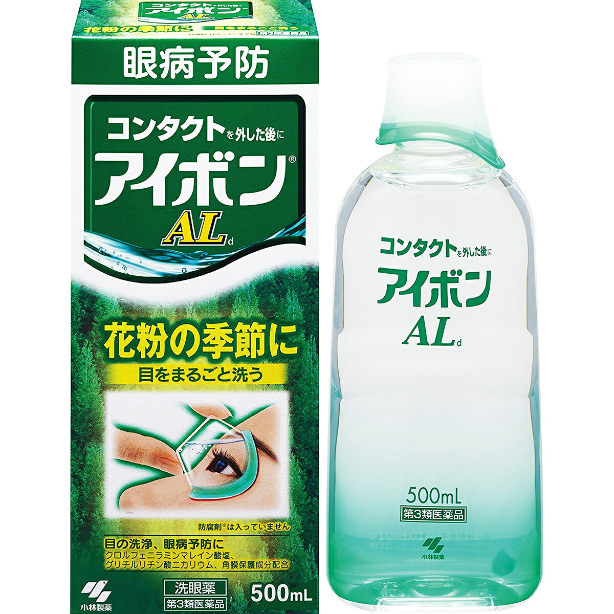 ●商品名アイボンAL（薬効分類：洗眼薬）（第3類医薬品）●製品特徴○目についた花粉やホコリなどを洗い流し、スキッとさせます。●効能・効果目の洗浄、眼病予防（水泳のあと、ほこりや汗が目に入ったときなど）●成分・含量（100ml中）イプシロン−アミノカプロン酸 300mg　 グリチルリチン酸二カリウム 25mg　クロルフェニラミンマレイン酸塩 3mg　 コンドロイチン硫酸ナトリウム 10mg　 添加物としてホウ酸、ホウ砂、エデト酸ナトリウム、ポリソルベート80、l-メントール、d-ボルネオール、pH調整剤を含有する●用法・用量1日3〜6回、1回5mLを用いて洗眼してください ●使用上の注意▲相談すること▲1.次の人は、使用前に医師または薬剤師に相談すること(1)医師の治療を受けている人(2)本人または家族がアレルギー体質の人(3)薬によりアレルギー症状を起こしたことがある人(4)次の症状がある人：はげしい目の痛み2.次の場合は、直ちに使用を中止し、商品添付文書を持って医師または薬剤師に相談すること使用後、次の症状があらわられた場合[関係部位：症状]皮ふ：発疹・発赤、かゆみ 目　：充血、かゆみ、はれ ●保管および取扱い上の注意 ・直射日光をさけ、涼しいところに密栓して保管すること・小児の手の届かないところに保管すること・他の容器に入れかえないこと（誤用の原因になったり品質がかわる）・洗眼カップは他の人と共用しないこと●お問い合わせ先当店（ドラッグピュア）または下記へお願いもうしあげます。小林製薬株式会社　お客様相談室電話06(6203)3625受付時間 9:00-17:00(土・日・祝日を除く)広告文責：株式会社ドラッグピュア○・SN神戸市北区鈴蘭台北町1丁目1-11-103TEL:0120-093-849製造販売者：小林製薬株式会社区分：第3類医薬品・日本製文責：登録販売者　松田誠司■ 関連商品アイボンシリーズ
