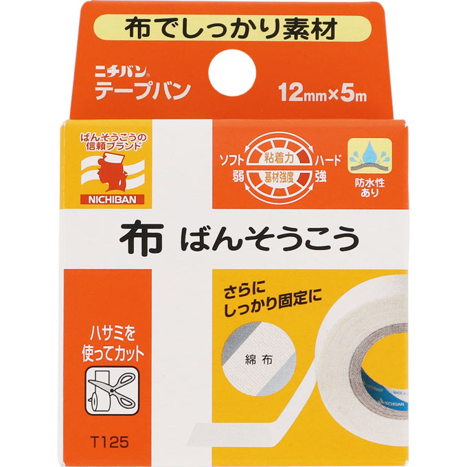 サイズ：12mm×5m【使用方法】はさみを使って適当な長さでカットし、ガーゼや包帯の固定、指先の保護などにお使いください。ガーゼや包帯をしっかりと固定します。【使用上の注意】●してはいけないこと・次の部位には使用しないでください。1．粘膜等2．湿疹、かぶれ、キズぐち●注意1．患部を清潔にして使用してください。2．小児に使用させる場合には、保護者の指導監督のもとに使用させてください。3．皮ふを痛めることがありますので、はがす時は、体毛の流れに沿ってゆっくりはがして下さい。広告文責：株式会社ドラッグピュア神戸市北区鈴蘭台北町1丁目1-11-103TEL:0120-093-849●綿布にゴム系粘着剤を塗布した日本薬局方絆創膏です。●ロール状で、テープのように巻いたテープ絆創膏「テープバン」【特長】・粘着力が非常に高い。・素材強度もあり、保持性・固定性が高い。サイズ：12mm×5m