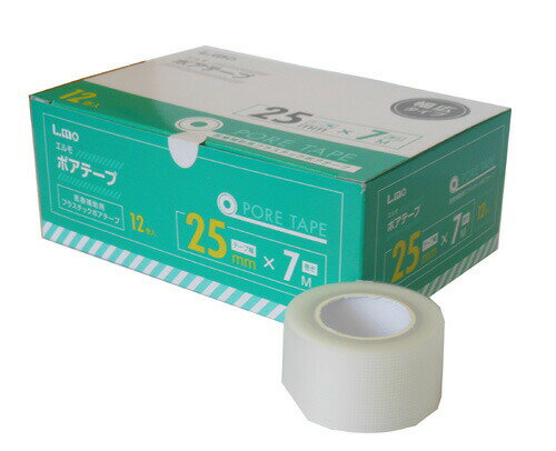 【☆】【送料無料】日進医療器株式会社エルモ　医療用ポアテープ　25mm×7M(12巻入り／箱)×2箱＝24巻＜ポリエチレンフィルム素材の医療用補助テープ＞＜手で簡単に綺麗に切れる＞【RCP】【北海道・沖縄は別途送料必要】