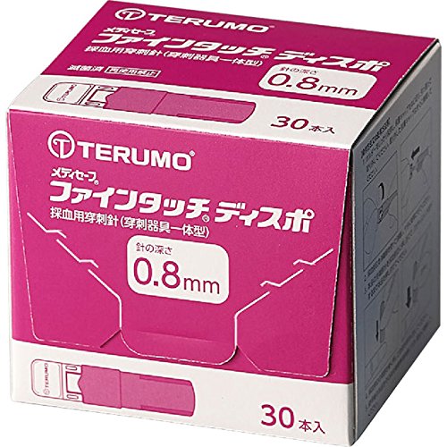 【商品説明】 ・ 血糖値測定等のための微量採血を目的とした、採血の安全性と患者さんへのやさしさを考えた、使いきりの穿刺器具一体型の採血用穿刺針です。 ☆安全性 ・穿刺器具と針を一体化した使い切りタイプ ・針が露出しない構造で、針刺しリスクを低減 ・清潔さに配慮 ☆使いやすさ ・先端を押し当てるだけの穿刺で、失敗が少ない構造 ・キャップを外す→穿刺→廃棄までわずか3ステップ ☆痛みへの配慮 ・30G、痛みを和らげるための独自の刃面構造 ・針がまっすぐ進む設計 ☆コンパクト ・在庫スペース、廃棄物を削減するコンパクト設計 【用途】 ・ 本品は血糖値測定等のための微量採血を目的とします。放射線滅菌済みですのでそのまま直ちに使用できます。 【使用方法】 (1)ホルダーをしっかり保持し、保護キャップをねじ切り、引っ張って取り外してください。取り外した保護キャップはすぐに廃棄してください。 (2)採血部位を消毒綿を使って消毒し、十分に乾燥させてください。 (3)本品の先端部分を採血部位に押し当てて、「カチッ」という音がするまで本品を押し付けてください。 (4)採血部位の周囲を軽く押して血液を球状に出してください。 (5)使用後は本品をそのまま廃棄専用容器に入れ、安全に廃棄してください。 【貯蔵・保管方法及び試用期間等】 ・ 貯蔵・保管方法・・・水濡れや、直射日光、高温多湿をさけて保管してください。 ・ 使用期限・・・箱に記載しています。 【原材料】 ・ 針・・・ステンレス鋼 ・ 保護キャップ・・・ポリエチレン ・ ホルダー・・・ABS 【規格概要】 ・ 針の太さ・・・30G ・ 針の深さ・・・0.8mm 【ご注意】 ＜警告＞ ・ 使用後の本品には血液が付着している可能性があります。使用後は速やかに廃棄してください。(感染の可能性があります。) ・ 採血部位に病原微生物が付着し感染の危険性があるため、採血部位を必ず消毒してください。また、採血後はばんそうこうなどで止血と保護を行ってください。傷口が治りにくいときには、医師の指導を受けてください。 ・ 保護キャップをねじ切って取り外した状態で放置しないでください。(針が誤って発射される危険性があります。) ＜禁忌・禁止＞ ・ 再使用禁止。使用後は必ず廃棄してください。(感染の危険性があります。) ・ 再滅菌禁止。(滅菌済みですので、そのまま使用できます。) ・ 分解や改造を行わないでください。(誤って針が刺さる危険性があります。) ・ 使用時に保護キャップが外れていたり、ゆるんでいる場合は使用しないでください。(感染の危険性があります。) ＜重要な基本的注意＞ ・ 指先から採血する場合は、穿刺前に、必ず流水でよく手を洗ってください。 ・ 果物等の糖分を含む食品などに触れた後、そのまま指先から採血すると指先に付着した糖分が血液と混じり、血糖値が偽高値となるおそれがあります。(アルコール綿による消毒のみでは糖分の除去が不十分との報告があります。) ・ 以下のような抹消血流が減少した患者の指先から採血した場合は、血糖値が偽低値を示すことがあります。 (1)脱水症状 (2)ショック状態 (3)末梢循環障害 ・ 耳朶等の組織が薄い部位への穿刺を行う場合には、穿刺部位の裏側を直接指で支えないでください。(組織を貫通した針で指を穿刺し、血液を介した感染のおそれがあります。貫通のおそれがある場合には、他の組織の厚い部位での穿刺について検討してください。) ＜その他の注意＞ ・ 血糖測定をするときは、血糖測定器の添付文書や取扱説明書を必ずお読みください。 ・ 保護キャップを取り外したらすぐに使用してください。 ・ 小児の手の届かないところに保管してください。 ・ 一度作動させると二度と作動しないので、穿刺時以外は作動させないでください。 【お問い合わせ先】 こちらの商品につきましての質問や相談につきましては、 当店（ドラッグピュア）または下記へお願いします。 製造販売：テルモ株式会社　コールセンター 住所：東京都渋谷区幡ヶ谷2丁目44番1号 TEL：0120-76-8150 広告文責：株式会社ドラッグピュア 作成：201902KT 神戸市北区鈴蘭台北町1丁目1-11-103 TEL:0120-093-849 製造・販売：テルモ株式会社 区分：管理医療機器(医療機器認証番号：225AFBZX00086000)・日本製 ■ 関連商品 テルモ株式会社　お取扱い商品 メディセーフ　関連用品