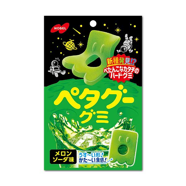 ■製品特徴薄くてかた〜い食感のクセになる噛みごこちがたまらない！フルーティーで爽やかなメロンソーダ味のぺたんこハードグミ「ペタグー」です。■内容量50g■原材料砂糖（国内製造）、水飴、ゼラチン、植物油脂、コーンスターチ／酸味料、香料、着色料（紅麹、クチナシ）、乳化剤、光沢剤、（一部にゼラチンを含む）■栄養成分表示1袋（50g）当たり　エネルギー：174kcal、たんぱく質：5.81g、脂質：0.71g、炭水化物：36.44g、食塩相当量：0.04g■保存方法直射日光、高温多湿を避けてください。■注意事項製品表面の粉末は砂糖ですので、品質には問題ありません。高温多湿の場所で保存するとグミキャンデーが溶ける場合がありますのでご注意ください。製品には万全を期しておりますが、万一事故品などお気づきの点がございましたら、お買い上げ日時をご記入の上、現品を容器又は袋とも弊社「商品管理課」までお送りください。郵送料を備え代品をお送りいたします。開封後はなるべく早くお召し上がりください。【お問い合わせ先】こちらの商品につきましての質問や相談は、当店(ドラッグピュア）または下記へお願いします。ノーベル製菓株式会社〒544-0004 大阪府大阪市生野区巽北4丁目10番2号電話：0120-47-0141受付時間：午前10:00&#12316;午後0:00 午後1:00~午後4:00(土、日、祝日、GW休暇、夏季休暇、年末年始を除く）広告文責：株式会社ドラッグピュア作成：202103AY神戸市北区鈴蘭台北町1丁目1-11-103TEL:0120-093-849製造販売：ノーベル製菓株式会社区分：食品・日本製文責：登録販売者 松田誠司■ 関連商品グミ関連商品ノーベル製菓株式会社お取り扱い商品