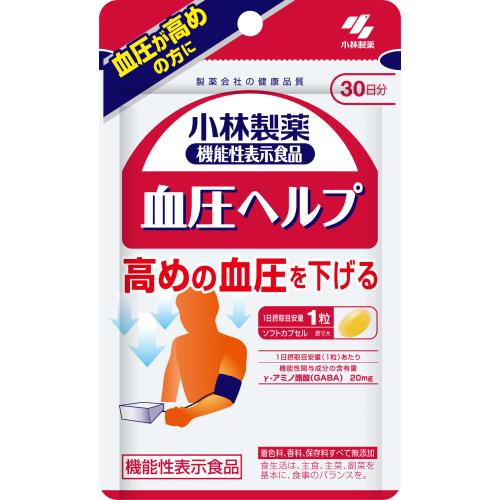 ■製品特徴 ●血圧が高めの方に ●高めの血圧を下げる ●1日摂取目安量:1粒 ◆機能性表示食品についての情報開示 ●届出番号：E211 ●届出表示 本品にはγ-アミノ酪酸（GABA）が含まれます。γ-アミノ酪酸（GABA）には、血圧が高めの方の血圧を下げる機能が報告されています。 ■原材料名 アマニ油（ニュージーランド製造）、ゼラチン、GABA/ グリセリン、グリセリン脂肪酸エステル、ミツロウ ◆機能性関与成分 γ-アミノ酪酸（GABA） 20mg ■お召し上がり方1日1粒を目安に、かまずに水またはお湯とともにお召し上がりください。 【摂取上の注意】 ●短期間に大量に摂ることは避けてください。 ●食物アレルギーの方は原材料名をご確認の上、お召し上がりください。 ●天然由来の原料を使用のため色等が変化することがありますが、品質に問題はありません。 ■ご注意 ●本品は、事業者の責任において特定の保険の目的が期待できる旨を表示するものとして、消費者庁長官に届出されたものです。ただし、特定保健用食品と異なり、消費者庁長官による個別審査を受けたものではありません。 ●本品は、疾病の診断、治療、予防を目的としたものではありません。 ●本品は、疾病に罹患している者、未成年者、妊産婦(妊娠を計画している者を含む。)及び授乳婦を対象に開発された食品ではありません。 ●疾病に罹患している場合は医師に、医薬品を服用している場合は医師、薬剤師に相談してください。 ●体調に異変を感じた際は、速やかに摂取を中止し、医師に相談してください。 ●食生活は、主食、主菜、副菜を基本に食事のバランスを。 ■保存方法 直射日光を避け、湿気の少ない涼しい所に保存してください。 【お問い合わせ先】こちらの商品につきましての質問や相談につきましては、当店（ドラッグピュア）または下記へお願いします。 小林製薬株式会社「お客様相談室」 電話:0120-5884-02 受付時間：9：00-17：00(土、日、祝日を除く) 広告文責：株式会社ドラッグピュア 作成：202010SN 神戸市北区鈴蘭台北町1丁目1-11-103 TEL:0120-093-849 製造販売：小林製薬株式会社 区分：機能性表示食品・日本製 ■ 関連商品 小林製薬お取扱い商品 小林製薬の機能性表示食品