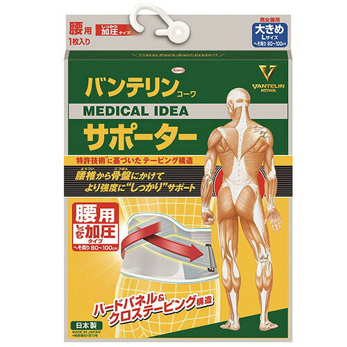 【商品説明】 ●腰椎から骨盤にかけてより強度に「しっかり」サポート！ ●ハードパネル＆クロステーピング構造！ 腰のねじれを制限しながら、背面の腰上部から下腹部に向けて加圧し支えることで、腰椎から骨盤にかけてしっかりサポートします。 ●特殊形状背部ハードパネル 腰の曲線にフィットし、腰を手で支えるように腰部を効率よくサポートします。なお、パネルは取り外しでき、姿勢補正と背屈抑制機能の調整ができます。 ●V字型装着形状＆アジャスタブル補助ベルト V字型装着形状とすることで、下腹部を効果的に持ち上げることができます。 ●補助ベルトで腰部をしっかり締め付け、固定することでズレを防ぎます。また、固定力を簡単に調節できます。 ●男女兼用 【使用方法】 (1)本体の面のファスナーから補助ベルトを外します。クロステーピング部が外面、タグが右側内面になるように持ちます。両手で引っ張って左右均等の長さになるようにします。 (2)左手を斜め下(おへその下5cmくらいが目安)に向かって伸ばします。※おへそよりも上に装着しないでください。 (3)左手を動かさないように固定したまま、右手を斜め下に向かって伸ばし、面ファスナーを固定します。(はじめの締め付け加減は、面ファスナーで調節してください。) (4)補助ベルトを斜め下前方に向かって伸ばし、本体にとめます。最終的な締め付け加減は、補助ベルトで調節してください。 【原材料】 ポリエステル、ナイロン、ポリウレタン、ホリプロピレン 【注意事項】 (1)火の近くや高温になる所に置かないで下さい。 (2)小児の手の届かない所に保管してください。 (3)耐久性を損なうことがありますので洗濯表示に従って取り扱ってください。 (4)洗濯する時は必ず面ファスナーを閉じて手洗いしてください。 (5)洗濯の際、はじめのうちは色落ちする場合がありますので、単品で洗ってください。 (6)乾燥機、アイロンなどの強制乾燥や脱水機のご使用は避けてください。 (7)装着を誤ったり、部分的に強い力が加わると破損するおそれがありますので、注意してください。 (8)糸くずなどが付着しないよう、面ファスナーを留めた状態で保管してください。 (9)装着時以外で反発ボーンに過度な力が加わると変形.破損するおそれがありますので、注意してください。 【お問い合わせ先】 こちらの商品につきましての質問や相談は、 当店(ドラッグピュア）または下記へお願いします。 興和新薬株式会社　お客様相談室 103-8433 東京都中央区日本橋本町3丁目4番14号 電話：03-3279-7755 広告文責：株式会社ドラッグピュア 作成：201808ok 神戸市北区鈴蘭台北町1丁目1-11-103 TEL:0120-093-849 製造販売：興和新薬株式会社 区分：衛生医療用品・日本製 ■ 関連商品 興和新薬