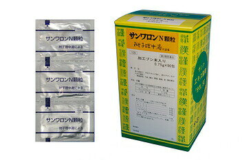【商品説明】■サンワロンN　附子理中湯（ブシリチュウトウ）90包・第2類医薬品・剤型：顆粒サンワロンN顆粒は、漢方処方「附子理中湯」の水製エキスを服用しやすい顆粒の分包にしたものです。【効能・効果】体力虚弱で、手足の冷えが強く、疲れやすいものの次の諸症：胃腸虚弱、下痢、嘔吐、胃痛、腹痛、急・慢性胃炎【用法・用量】次の1回量を1日3回食前又は食間に服用すること。大人（15才以上） 　1 〜 2 包15才未満　　　　　服用しないこと【成分】本品1日量 ……… 6包（1包 0.75g） 中サンワロンN水製エキス ……… 2.0gニンジン ……… 3.0g　 ソウジュツ ………… 3.0gカンゾウ ……… 3.0g 　ショウキョウ ……… 3.0g加工ブシ末 ……………………… 1.0g添加物として乳糖，トウモロコシデンプン，ステアリン酸Caを含有する。【使用上の注意】■相談すること1．次の人は服用前に医師、薬剤師又は登録販売者に相談すること(1) 医師の治療を受けている人。(2) 妊婦又は妊娠していると思われる人。(3) のぼせが強く赤ら顔で体力の充実している人。(4) 高齢者。(5) 今までに薬などにより発疹・発赤、かゆみ等を起こしたことがある人。(6) 次の症状のある人。むくみ(7) 次の診断を受けた人。高血圧、心臓病、腎臓病2．服用後、次の症状があらわれた場合は副作用の可能性があるので、直ちに服用を中止し、この文書を持って医師、薬剤師又は登録販売者に相談すること皮 膚 : 発疹・発赤、かゆみそ の 他 ：動悸、のぼせ、ほてり、口唇・舌のしびれまれに下記の重篤な症状が起こることがある。その場合は直ちに医師の診療を受けること。偽アルドステロン症、ミオパチー：手足のだるさ、しびれ、つっぱり感やこわばりに加えて、脱力感、筋肉痛があらわれ、徐々に強くなる。3．1ヵ月位（急性胃炎に服用する場合には5〜6回）服用しても症状がよくならない場合は服用を中止し、この文書を持って医師、薬剤師又は登録販売者に相談すること4．長期連用する場合には、医師、薬剤師又は登録販売者に相談すること【保管及び取扱い上の注意】(1) 直射日光の当たらない湿気の少ない涼しい所に密栓して保管すること。(2) 小児の手の届かない所に保管すること。(3) 他の容器に入れ替えないこと。（誤用の原因になったり品質が変わる。）■お問い合わせ先こちらの商品につきましての質問や相談につきましては、当店（ドラッグピュア）または下記へお願いします。三和生薬株式会社電話番号 028-661-2411広告文責：株式会社ドラッグピュア作成:201501ST神戸市北区鈴蘭台北町1丁目1-11-103TEL:0120-093-849製造販売元：三和生薬株式会社321-0905 栃木県宇都宮市平出工業団地6−1区分：第2類医薬品文責：登録販売者　松田誠司■ 関連商品漢方薬三和生薬　お取扱商品
