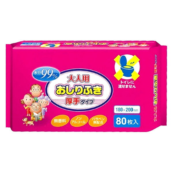 ■製品特徴厚手だからしっかり拭ける、水分99%の大人のおしりふきです。ふんわり厚手の不織布を使用しているので、手を汚さず、やさしく拭き取れます。また、水含みの良いレーヨン素材を使用し、水分99%のウェットタイプで汚れをしっかり拭き取ります。肌にやさしいノンアルコール・無香料・パラベン無配合。 ※トイレには流せません。■内容量80枚■使用方法 (1)手や袋を清潔にし、袋の天面にあるシールを矢印の方向へはがしてください。 (2)1枚ずつ取り出してお使いください。 (3)乾燥を防ぐために、ご使用後はシールをしっかりと閉めてください。■材質レーヨン不織布■成分水、PG、ブチルカルバミン酸ヨウ化プロピニル、ベンザルコニウムクロリド■使用上の注意・お肌に異常があるときやお肌にあわないときはご使用をおやめください。 ・中身の乾燥を防ぐため、ご使用後はしっかりと閉めなるべくお早めにお使いください。 ・乳幼児の手の届かない所に保管してください。 ・直射日光のあたる所や高温の所に保管しないでください。 ・このシートは水に溶けませんのでトイレには流さないでください。 【お問い合わせ先】こちらの商品につきましての質問や相談は、当店(ドラッグピュア）または下記へお願いします。大一紙工株式会社〒417-0801 静岡県富士市大淵2848−6電話：0545-35-24249：00&#12316;17：00広告文責：株式会社ドラッグピュア作成：201907YK神戸市北区鈴蘭台北町1丁目1-11-103TEL:0120-093-849製造販売：大一紙工株式会社区分：介護用品・日本製文責：登録販売者 松田誠司■ 関連商品おしりふき関連商品大一紙工株式会社お取り扱い商品