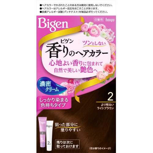 【商品説明】・ 密着して染める。濃密乳液が生え際にくいつきとどまる・ 色持ち成分配合。染料の流出を抑え、日にちが経っても髪色キレイ！・ ツンとしない、ほのかなアロマの香り・ 天然由来のトリートメント成分配合【使用方法】(1)混合クリームをつくります。1剤と2剤を同量出し、よく混ぜます。(2)クリームをぬります。乾いた髪に、コームブラシでムラなくぬります。15分放置(3)洗い流します。よくすすぎ、シャンプー・リンスで仕上げます。【セット詳細】・ 1剤・・・40g・ 2剤・・・40mL【成分】＜1剤＞・ 有効成分・・・5‐アミノオルトクレゾール、パラアミノフェノール、硫酸トルエン‐2.5‐ジアミン、レゾルシン・ その他の成分・・・HEDTA・3Na液、PEG‐8、PEG(32)、POEステアリルエーテル、POEセチルエーテル、POE(2)ラウリルエーテル、POE(21)ラウリルエーテル、アスコルビン酸、イソプロパノール、塩化トリメチルアンモニオヒドロキシプロピルヒドロキシエチルセルロース、オリブ油、強アンモニア水、高重合ジメチコン‐1、ステアリルアルコール、セタノール、タウリン、ツバキ油、テアニン、パラベン、ヒアルロン酸Na‐2、ベヘントリモニウムクロリド、ポリ塩化ジメチルメチレンピペリジニウム液、無水亜硫酸Na、モノエタノールアミン、ヤシ油、ワセリン、黄203、香料＜2剤＞・ 有効成分・・・過酸化水素水・ その他の成分・・・PG、POE(20)POP(4)セチルエーテル、POEセチルエーテル、イソステアリルアルコール、クエン酸、ステアリルアルコール、ステアルトリモニウムクロリド、セタノール、フェノキシエタノール【注意事項】・ ヘアカラーでかゆみ、発疹、発赤がでたことのある方は、絶対に使用しないでください。・ ご使用の際は必ず使用説明書をよく読んで正しくお使いください。・ ヘアカラーはまれに重いアレルギー反応をおこすことがあります。・ 次の方は使用しないでください。(1)今までに本品に限らずヘアカラーでかぶれたことのある方(2)今までに染毛中または直後に気分の悪くなったことのある方(3)頭皮あるいは皮膚が過敏な状態になっている方 (病中、病後の回復期、生理時、妊娠中など)(4)頭、顔、首筋にはれもの、傷、皮膚病がある方・ ご使用の際には使用説明書にしたがい、毎回必ず染毛の48時間前に皮膚アレルギー試験(パッチテスト)をしてください。・ 薬剤や洗髪時の洗い液が目に入らないようにしてください。・ 眉毛、まつ毛には使用しないでください。・ 幼小児の手の届かない所に保管してください。・ 高温や直射日光を避けて保管してください。・ 幼小児には使用しないでください。【お問い合わせ先】こちらの商品につきましての質問や相談につきましては、当店（ドラッグピュア）または下記へお願いします。製造販売：ホーユー株式会社 お客様相談室住所： 愛知県名古屋市東区徳川1-501TEL:052-935-9941受付時間：9:00〜17:00(土・日・祝日を除く)広告文責：株式会社ドラッグピュア作成：201902KT住所：神戸市北区鈴蘭台北町1丁目1-11-103TEL:0120-093-849製造・販売：ホーユー株式会社区分：医薬部外品・日本製ホーユー株式会社　お取扱い商品白髪 関連用品ビゲン 香りのヘアカラー シリーズ