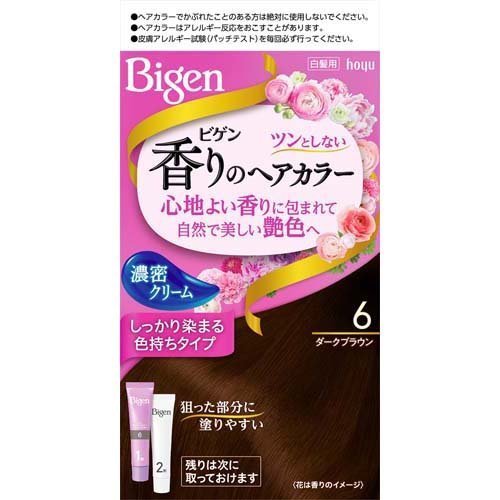 【商品説明】・ 密着して染める。濃密乳液が生え際にくいつきとどまる・ 色持ち成分配合。染料の流出を抑え、日にちが経っても髪色キレイ！・ ツンとしない、ほのかなアロマの香り・ 天然由来のトリートメント成分配合【使用方法】(1)混合クリームをつくります。1剤と2剤を同量出し、よく混ぜます。(2)クリームをぬります。乾いた髪に、コームブラシでムラなくぬります。15分放置(3)洗い流します。よくすすぎ、シャンプー・リンスで仕上げます。【セット詳細】・ 1剤・・・40g・ 2剤・・・40mL【成分】＜1剤＞・ 有効成分・・・塩酸2.4‐ジアミノフェノキシエタノール、パラアミノフェノール、メタアミノフェノール、硫酸トルエン‐2.5‐ジアミン、レゾルシン・ その他の成分・・・HEDTA・3Na液、PEG‐8、PEG(32)、POEステアリルエーテル、POEセチルエーテル、POE(2)ラウリルエーテル、POE(21)ラウリルエーテル、アスコルビン酸、イソプロパノール、塩化トリメチルアンモニオヒドロキシプロピルヒドロキシエチルセルロース、オリブ油、強アンモニア水、高重合ジメチコン‐1、水酸化Na、ステアリルアルコール、セタノール、タウリン、ツバキ油、テアニン、パラベン、ヒアルロン酸Na‐2、ベヘントリモニウムクロリド、ポリ塩化ジメチルメチレンピペリジニウム液、無水亜硫酸Na、モノエタノールアミン、ヤシ油、ワセリン、黄203、香料＜2剤＞・ 有効成分・・・過酸化水素水・ その他の成分・・・PG、POE(20)POP(4)セチルエーテル、POEセチルエーテル、イソステアリルアルコール、クエン酸、ステアリルアルコール、ステアルトリモニウムクロリド、セタノール、フェノキシエタノール【注意事項】・ ヘアカラーでかゆみ、発疹、発赤がでたことのある方は、絶対に使用しないでください。・ ご使用の際は必ず使用説明書をよく読んで正しくお使いください。・ ヘアカラーはまれに重いアレルギー反応をおこすことがあります。・ 次の方は使用しないでください。(1)今までに本品に限らずヘアカラーでかぶれたことのある方(2)今までに染毛中または直後に気分の悪くなったことのある方(3)頭皮あるいは皮膚が過敏な状態になっている方 (病中、病後の回復期、生理時、妊娠中など)(4)頭、顔、首筋にはれもの、傷、皮膚病がある方・ ご使用の際には使用説明書にしたがい、毎回必ず染毛の48時間前に皮膚アレルギー試験(パッチテスト)をしてください。・ 薬剤や洗髪時の洗い液が目に入らないようにしてください。・ 眉毛、まつ毛には使用しないでください。・ 幼小児の手の届かない所に保管してください。・ 高温や直射日光を避けて保管してください。・ 幼小児には使用しないでください。【お問い合わせ先】こちらの商品につきましての質問や相談につきましては、当店（ドラッグピュア）または下記へお願いします。製造販売：ホーユー株式会社 お客様相談室住所： 愛知県名古屋市東区徳川1-501TEL:052-935-9941受付時間：9:00〜17:00(土・日・祝日を除く)広告文責：株式会社ドラッグピュア作成：201902KT住所：神戸市北区鈴蘭台北町1丁目1-11-103TEL:0120-093-849製造・販売：ホーユー株式会社区分：医薬部外品・日本製ホーユー株式会社　お取扱い商品白髪 関連用品ビゲン 香りのヘアカラー シリーズ
