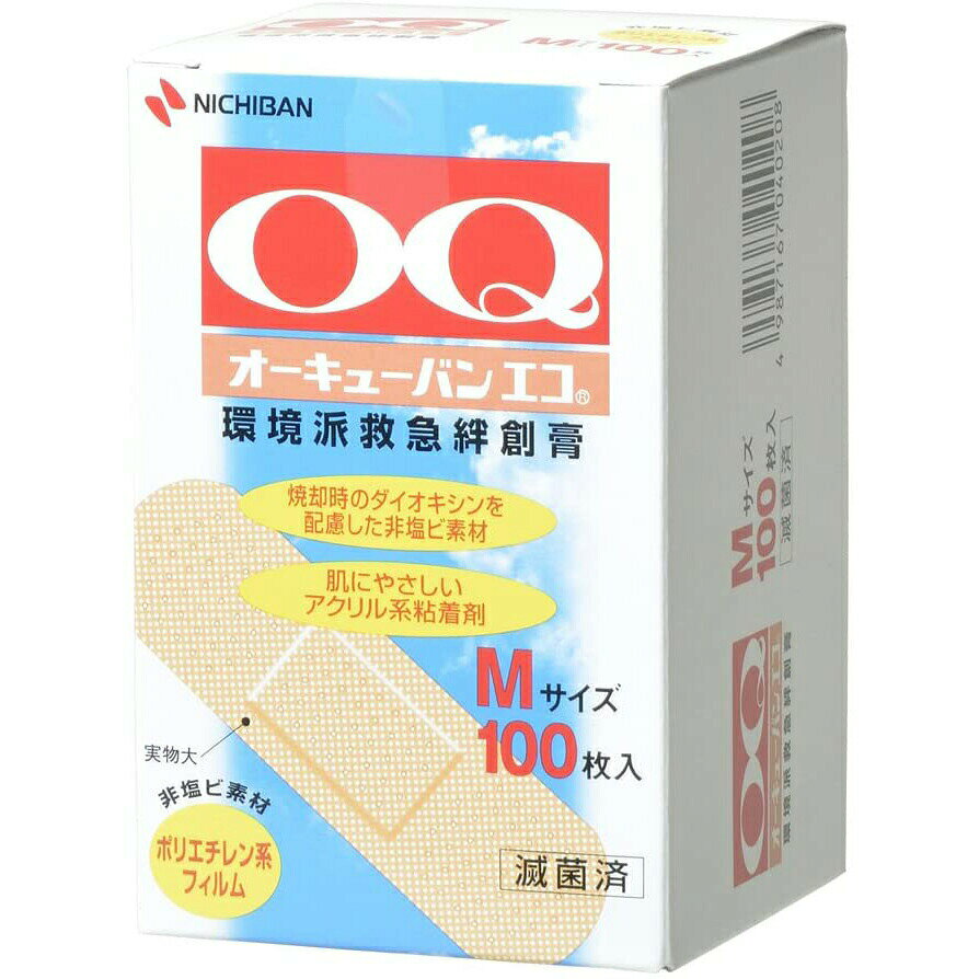 Mサイズ100枚入りサイズ：21mm×70mm（パッド部　13mm×22mm）■ 使用方法セパレーターをはがし、パッドを創傷面にあて、粘着テープ部分で固定する。■注意使用に際しては個箱裏面をよく読んでください。広告文責：株式会社ドラッグピュア神戸市北区鈴蘭台北町1丁目1-11-103TEL:0120-093-849【オーキューバンエコの特長】【医療機器】●焼却時のダイオキシンを配慮した非塩ビ素材●肌にやさしい低刺激性アクリル系粘着剤を採用●小さな通気孔でキズぐちのムレやカブレを防止●キズぐちにつきにくい、やさしいパッド●セパレーターの工夫でパッド部分に手を触れずに貼れて清潔● パッド上下部分の幅を広くし、パッドサイドの浮きを防止●新素材（ポリエチレン系フィルム）採用により、低温時でもゴワゴワ感が少なく良く伸びます。※サンリオキャラクターも仲間入り。（SANRIOオーキューバンエコ）【オーキューバンエコクリアの特長】【医療機器】●オーキューバンエコの接着面クリアタイプ【オーキューバンエコRの特長】【医薬部外品】●オーキュバンエコに消毒成分アクリノール配合で、キズぐちを消毒・保護（有効成分：パッド中　日本薬局方アクリノール0.38%）【オーキューバンコットンの特長】【医療機器】●伸縮性布救急絆創膏・伸縮性のあるコットン（伸縮性ポリエステル綿布）の救急バン・関節や屈曲部の使用に最適サイズ：M：21mm×70mm（パッド部　13mm×22mm）L：30mm×72mm（パッド部　22mm×29mm）S：12mm×55mm（パッド部　7.5mm×17mm）キャラクターM：19mm×72mm（パッド部　12.5mm×22mm）