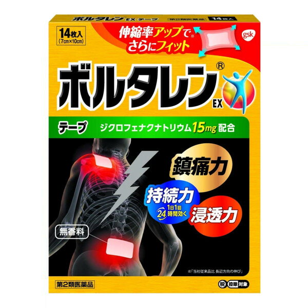 ■製品特徴●たて・よこ伸縮自在でテープが肌に密着し、有効成分が痛みのもとを狙って作用●有効成分が徐々に放出されるので、1日1回の使用でOK●貼った部分から心地よい清涼感がじんわりと広がる●粘着力を改善し、くっついてもはがしやすく、貼り直しやすい※●24時間効果が持続●臭いはほとんどありません※当社ボルタレン®ACテープ比■効能・効果腰痛、肩こりに伴う肩の痛み、関節痛、筋肉痛、腱鞘炎（手・手首の痛み）、肘の痛み（テニス肘など）、打撲、捻挫■用法・容量プラスチックフィルムをはがし、1日1回1〜2枚を患部に貼ってください。ただし、1回あたり2枚を超えて使用しないでください。なお、本成分を含む他の外用剤を併用しないでください。■剤型：貼付剤■成分・分量膏体100g中成分：分量ジクロフェナクナトリウム：1g1枚(7cm×10cm)あたり膏体量1.5g、ジクロフェナクナトリウム15mg配合■使用上の注意◆してはいけないこと(守らないと現在の症状が悪化したり、副作用が起こりやすくなります。)1.次の人は使用しないでください。(1)本剤又は本剤の成分によりアレルギー症状を起こしたことがある人(2)ぜんそくを起こしたことがある人(3)妊婦又は妊娠していると思われる人(4)15才未満の小児2.次の部位には使用しないでください。(1)目の周囲、粘膜等(2)湿疹、かぶれ、傷口(3)みずむし・たむし等又は化膿している患部3.本剤を使用している間は、他の外用鎮痛消炎剤を使用しないでください。4.連続して2週間以上使用しないでください。◆相談すること1.次の人は使用前に医師、薬剤師又は登録販売者に相談してください。(1)医師の治療を受けている人(2)他の医薬品を使用している人(3)薬などによりアレルギー症状を起こしたことがある人(4)テープ剤でかぶれ等を起こしたことがある人(5)次の診断を受けた人消化性潰瘍、血液障害、肝臓病、腎臓病、高血圧、心臓病、インフルエンザ(6)次の医薬品の投与を受けている人ニューキノロン系抗菌剤、トリアムテレン、リチウム、メトトレキサート、非ステロイド性消炎鎮痛剤(アスピリン等)、ステロイド剤、利尿剤、シクロスポリン、選択的セロトニン再取り込み阻害剤(7)高齢者2.使用中又は使用後、次の症状があらわれた場合は副作用の可能性があるので、直ちに使用を中止し、この外箱を持って医師、薬剤師又は登録販売者に相談してください。関係部位：症状皮ふ：発疹・発赤、かゆみ、かぶれ、はれ、痛み、刺激感、熱感、皮ふのあれ、落屑(フケ、アカのような皮ふのはがれ)、水疱、色素沈着まれに下記の重篤な症状が起こることがあります。その場合は直ちに医師の診療を受けてください。症状の名称：症状ショック(アナフィラキシー)：使用後すぐに、皮ふのかゆみ、じんましん、声のかすれ、くしゃみ、のどのかゆみ、息苦しさ、動悸、意識の混濁等があらわれます。接触皮ふ炎、光線過敏症：貼付部に強いかゆみを伴う発疹・発赤、はれ、刺激感、水疱・ただれ等の激しい皮ふ炎症状や色素沈着、白斑があらわれ、中には発疹・発赤、かゆみ等の症状が全身にひろがることがあります。また、日光があたった部位に症状があらわれたり、悪化することがあります。3.5〜6日間使用しても症状がよくならない場合は使用を中止し、この外箱を持って医師、薬剤師又は登録販売者に相談してください。【お問い合わせ先】こちらの商品につきましての質問や相談は、当店(ドラッグピュア）または下記へお願いします。グラクソ・スミスクライン・コンシューマー・ヘルスケア・ジャパン株式会社〒107-0052 東京都港区赤坂1-8-1 赤坂インターシティAIR電話：0120-099-3019：00〜17：00（土日祝日および当社休業日を除く）広告文責：株式会社ドラッグピュア作成：201902YK神戸市北区鈴蘭台北町1丁目1-11-103TEL:0120-093-849製造販売：グラクソ・スミスクライン・コンシューマー・ヘルスケア・ジャパン株式会社区分：第2類医薬品・日本製文責：登録販売者 松田誠司使用期限：使用期限終了まで100日以上■ 関連商品肩凝り　関連商品グラクソ・スミスクライン・コンシューマー・ヘルスケア・ジャパン　お取扱商品