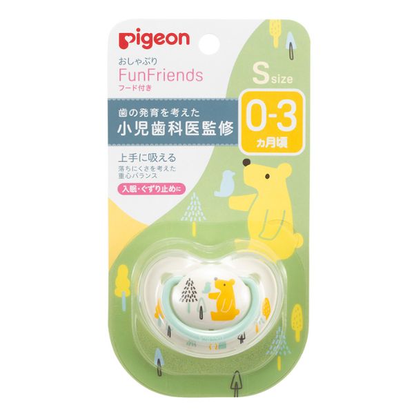 【商品詳細】 使っている姿がかわいい！性別・月齢にあわせて選べるFunFriendsシリーズ♪ ・吸っている姿がかわいく見える！ →プリント面が広く、絵柄を選ぶ楽しみが広がります♪ ・おくちまわりに跡が残らない。 →座板に段差を設ける工夫で密着せず、お肌にも優しい設計です。 ＜ピジョンのおしゃぶりの特徴＞ ・歯の発育を考えた”小児歯科医監修”のおしゃぶりです。（監修：小児歯科医　井上美津子先生） ・赤ちゃんの口腔研究に基づいて開発された上手に吸えて、落ち着き効果の高いおしゃぶりです。 ・ピジョンおしゃぶりは独自設計の4つのポイントに着目し、「吸いやすさ」を実現しています！ ※4つのポイント 1.かたち →赤ちゃんが自然に舌を動かしやすい乳首形状 おくちの成長に合わせてサイズを選べます。（3サイズ展開） 2.重心バランス →吸っているときに口から落ちにくい安定感のある設計 3.やわらかさ →アゴの負担が少ないやわらか乳首で、おくちの動きに柔軟にフィット 4.重さ →赤ちゃんがおくちに加えやすい重さ 【原材料】 部品　乳首：原材料シリコーンゴム　耐熱温度120°C 部品　座板など：原材料ポリプロピレン　耐熱温度120°C 消毒・除菌方法 乳首　座板など：煮沸〇薬液〇 【使用方法】 歯の発育を考えた小児歯科医監修 上手に吸える　落ちにくさを考えた重心バランス　入眠・ぐずり止めに 吸い続けやすいポイント　やわらかい吸い口　吸いやすい角度　吸いやすい形　口から落ちにくい軽量設計 小児歯科医 井上美津子先生　 しゃぶる行為には、赤ちゃんの気分を鎮め、落ち着かせる効果があります。このおしゃぶりは歯列への影響が少なくなるよう、 おしゃぶりの軽さ、くわえやすさ、吸い口のやわらかさと形に工夫をしました。それでも、使用時間や時期には配慮が必要です。 1才を過ぎたら1日の使用時間を徐々に減らし、2才半までには使用をやめるようにしましょう。 【注意事項】 ※長時間・長期間お使いになると歯並びや噛み合わせに影響が出る場合があります。 　ご心配の場合は、早めに歯科医師などの専門家にご相談ください。 注意　保護者の方へ　必ずお読みください。 ●初めてお使いになる前に、また、普段のご使用後に必ず洗浄した後、消毒または除菌をしてください。 ●必ず保護者の目の届く範囲でご使用ください。赤ちゃんは思わぬ行動をすることがあります。 ●歯で噛んだり、長時間お使いになると乳首にキズがついたり切れることがあります。ご使用の度に保護者の方が乳首を引っ張ってキズなどの異常がないか必ず確認してください。 　安全と衛生のため、1〜2ヵ月使用したら、新しいおしゃぶりに交換してください。 ●使用方法や消毒・除菌回数によって絵柄の印刷が薄くなることがあります。 ●洗浄したときに、乳首内に水が入ることがあります。カビが生えるおそれがありますので、水が入った場合は乳首を指で押し、水を切ってお使いください。 ●赤ちゃんが寝入ったら、おしゃぶりをはずしてください。 ●はずしたフードはお子様の手の届かない場所に保管してください。 ●窒息のおそれがありますので、おしゃぶりを首から吊り下げたり、おしゃぶりホルダーとしてリボンやひもは使用しないでください。 ●乳首や座版などは分解できません。 ●長時間、直射日光があたる場所や火のそばに置かないでください。 保存方法 ●はずしたフードはお子様の手の届かない場所に保管してください。 ●長時間、直射日光があたる場所や火のそばに置かないでください。 【お問い合わせ先】 こちらの商品につきましての質問や相談につきましては、 当店（ドラッグピュア）へお願いします。 広告文責：株式会社ドラッグピュア 作成：202503KK 神戸市北区鈴蘭台北町1丁目1-11-103 TEL:0120-093-849 製造・販売元：ピジョン株式会社 区分：日用品