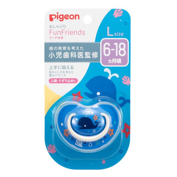 【商品詳細】 使っている姿がかわいい！性別・月齢にあわせて選べるFunFriendsシリーズ♪ ・吸っている姿がかわいく見える！ →プリント面が広く、絵柄を選ぶ楽しみが広がります♪ ・おくちまわりに跡が残らない。 →座板に段差を設ける工夫で密着せず、お肌にも優しい設計です。 ＜ピジョンのおしゃぶりの特徴＞ ・歯の発育を考えた”小児歯科医監修”のおしゃぶりです。（監修：小児歯科医　井上美津子先生） ・赤ちゃんの口腔研究に基づいて開発された上手に吸えて、落ち着き効果の高いおしゃぶりです。 ・ピジョンおしゃぶりは独自設計の4つのポイントに着目し、「吸いやすさ」を実現しています！ ※4つのポイント 1.かたち →赤ちゃんが自然に舌を動かしやすい乳首形状 おくちの成長に合わせてサイズを選べます。（3サイズ展開） 2.重心バランス →吸っているときに口から落ちにくい安定感のある設計 3.やわらかさ →アゴの負担が少ないやわらか乳首で、おくちの動きに柔軟にフィット 4.重さ →赤ちゃんがおくちに加えやすい重さ 【原材料】 部品　乳首：原材料シリコーンゴム　耐熱温度120°C 部品　座板など：原材料ポリプロピレン　耐熱温度120°C 消毒・除菌方法 乳首　座板など：煮沸〇薬液〇 【使用方法】 歯の発育を考えた小児歯科医監修 上手に吸える　落ちにくさを考えた重心バランス　入眠・ぐずり止めに 吸い続けやすいポイント　やわらかい吸い口　吸いやすい角度　吸いやすい形　口から落ちにくい軽量設計 小児歯科医 井上美津子先生　 しゃぶる行為には、赤ちゃんの気分を鎮め、落ち着かせる効果があります。このおしゃぶりは歯列への影響が少なくなるよう、 おしゃぶりの軽さ、くわえやすさ、吸い口のやわらかさと形に工夫をしました。それでも、使用時間や時期には配慮が必要です。 1才を過ぎたら1日の使用時間を徐々に減らし、2才半までには使用をやめるようにしましょう。 【注意事項】 ※長時間・長期間お使いになると歯並びや噛み合わせに影響が出る場合があります。 　ご心配の場合は、早めに歯科医師などの専門家にご相談ください。 注意　保護者の方へ　必ずお読みください。 ●初めてお使いになる前に、また、普段のご使用後に必ず洗浄した後、消毒または除菌をしてください。 ●必ず保護者の目の届く範囲でご使用ください。赤ちゃんは思わぬ行動をすることがあります。 ●歯で噛んだり、長時間お使いになると乳首にキズがついたり切れることがあります。ご使用の度に保護者の方が乳首を引っ張ってキズなどの異常がないか必ず確認してください。 　安全と衛生のため、1〜2ヵ月使用したら、新しいおしゃぶりに交換してください。 ●使用方法や消毒・除菌回数によって絵柄の印刷が薄くなることがあります。 ●洗浄したときに、乳首内に水が入ることがあります。カビが生えるおそれがありますので、水が入った場合は乳首を指で押し、水を切ってお使いください。 ●赤ちゃんが寝入ったら、おしゃぶりをはずしてください。 ●はずしたフードはお子様の手の届かない場所に保管してください。 ●窒息のおそれがありますので、おしゃぶりを首から吊り下げたり、おしゃぶりホルダーとしてリボンやひもは使用しないでください。 ●乳首や座版などは分解できません。 ●長時間、直射日光があたる場所や火のそばに置かないでください。 保存方法 ●はずしたフードはお子様の手の届かない場所に保管してください。 ●長時間、直射日光があたる場所や火のそばに置かないでください。 【お問い合わせ先】 こちらの商品につきましての質問や相談につきましては、 当店（ドラッグピュア）へお願いします。 広告文責：株式会社ドラッグピュア 作成：202503KK 神戸市北区鈴蘭台北町1丁目1-11-103 TEL:0120-093-849 製造・販売元：ピジョン株式会社 区分：日用品